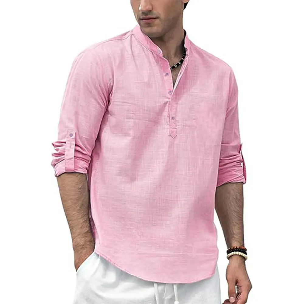 Men's Cotton Linen Long Sleeve Polo Shirt Lightweight Henley Neck Hawaiian Beach Style Solid Color Tops Vacation T-shirt