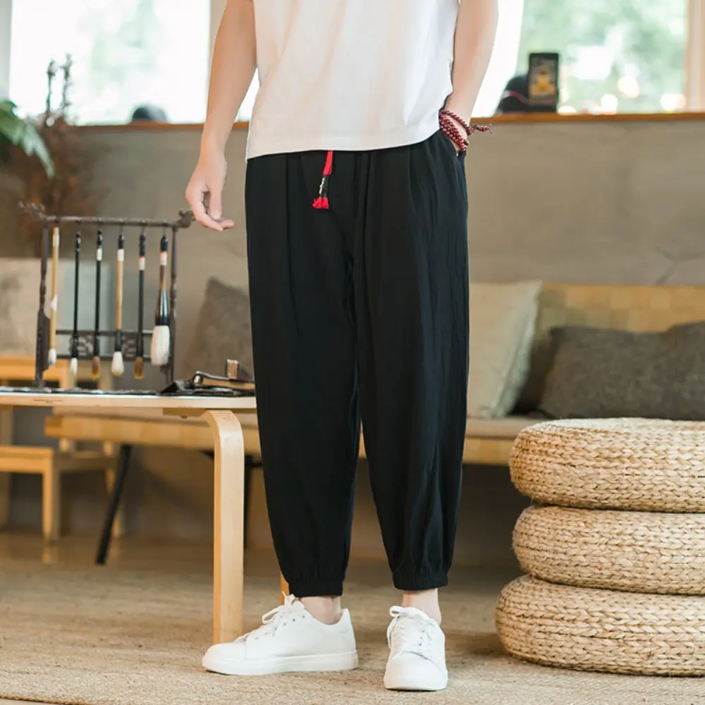 Men's Cotton and Linen Harem Pants Casual Loose Oversize Beach Pants Chinese Style Wide Leg Trousers Joggers Men Summer