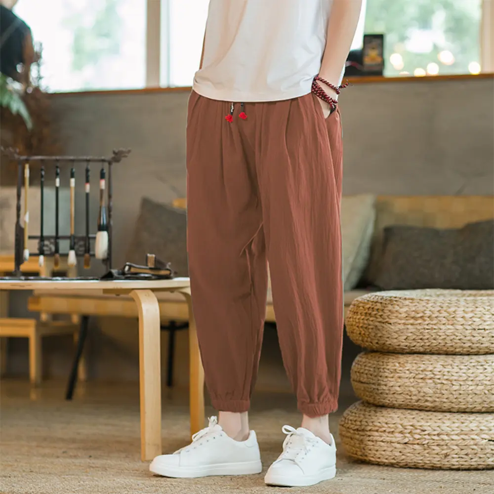 Men's Cotton and Linen Harem Pants Casual Loose Oversize Beach Pants Chinese Style Wide Leg Trousers Joggers Men Summer