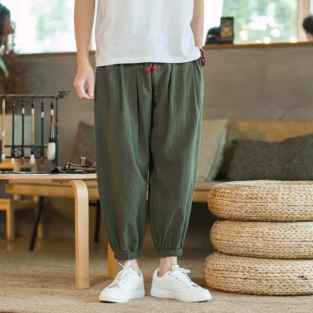 Men's Cotton and Linen Harem Pants Casual Loose Oversize Beach Pants Chinese Style Wide Leg Trousers Joggers Men Summer