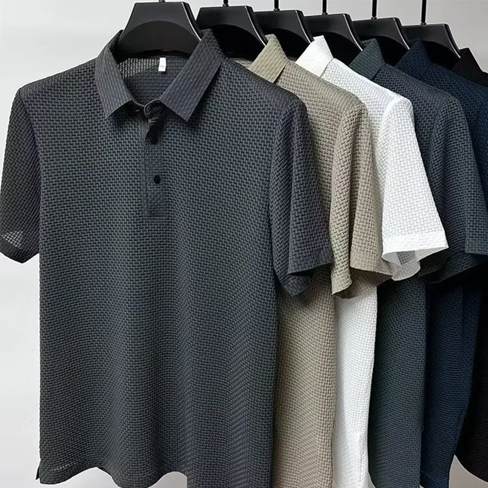Summer New Men's Ice Silk Short-sleeved Lapel T-shirt Solid Colour Breathable Cool Feeling Polo Shirt Basic Style Tops