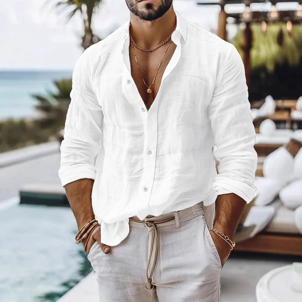 Men's Spring Summer Shirt Solid Color Simple Basic Style Single Breasted Cotton Linen Shirts Beach Vacation Lightweight Tops