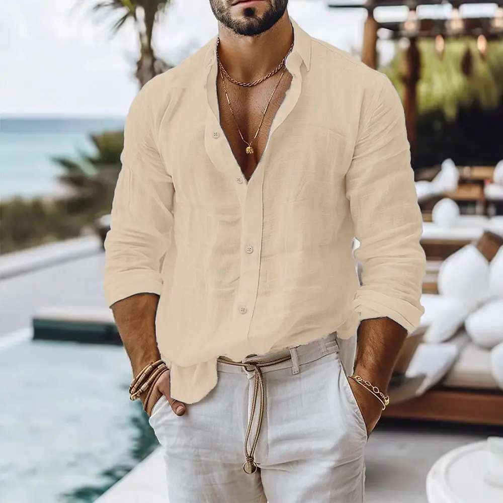 Men's Spring Summer Shirt Solid Color Simple Basic Style Single Breasted Cotton Linen Shirts Beach Vacation Lightweight Tops