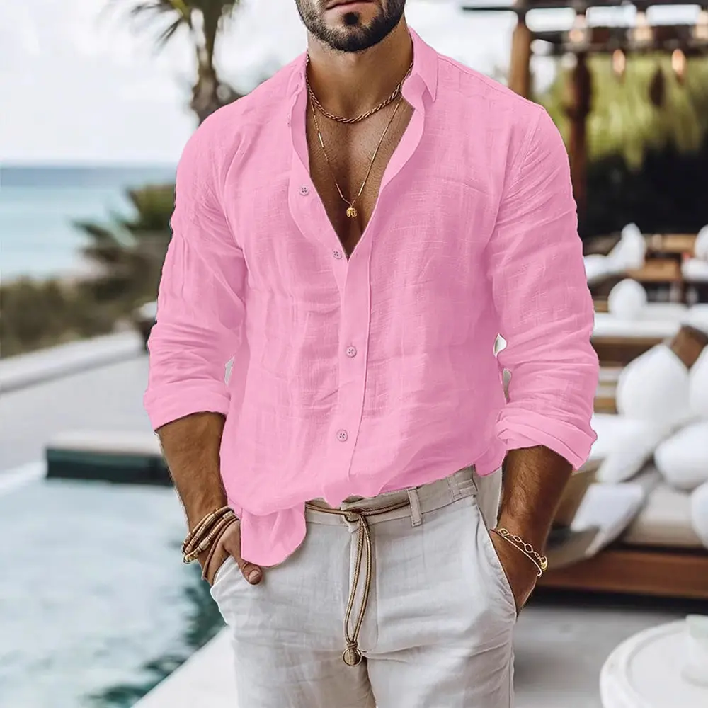 Men's Spring Summer Shirt Solid Color Simple Basic Style Single Breasted Cotton Linen Shirts Beach Vacation Lightweight Tops