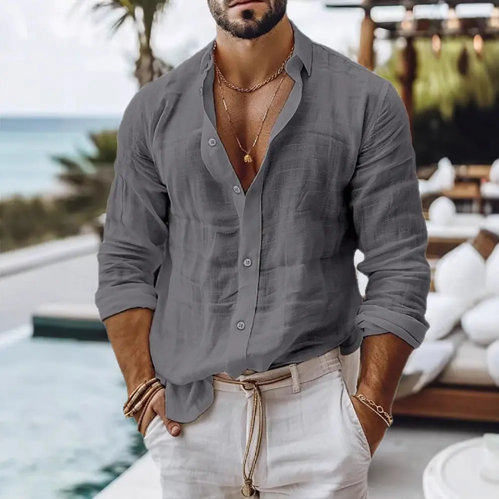 Men's Spring Summer Shirt Solid Color Simple Basic Style Single Breasted Cotton Linen Shirts Beach Vacation Lightweight Tops