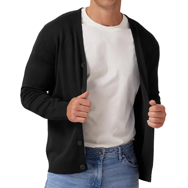 New Men's Vintage Long Sleeve Cardigan Sweater with Button V Neck Knitted Sweaters Lightweight Outdoor Casual Coats