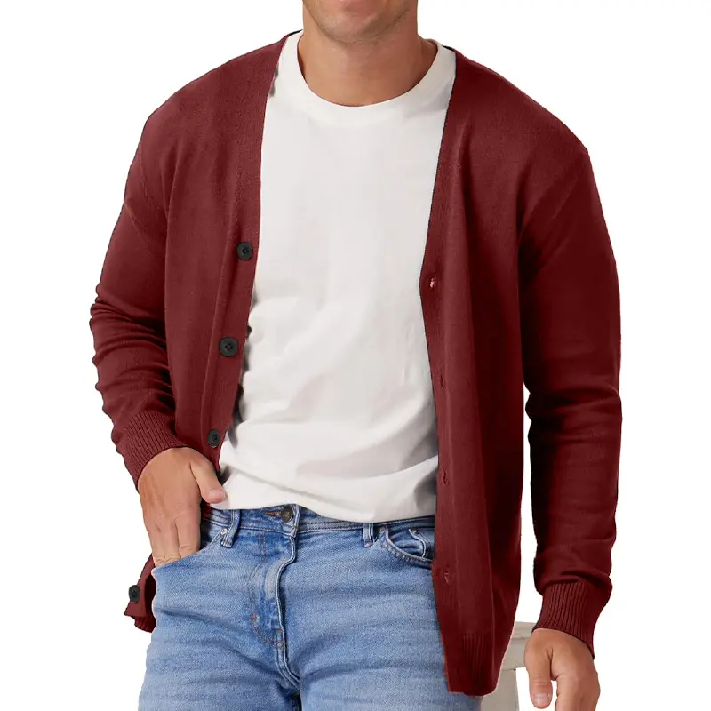 New Men's Vintage Long Sleeve Cardigan Sweater with Button V Neck Knitted Sweaters Lightweight Outdoor Casual Coats