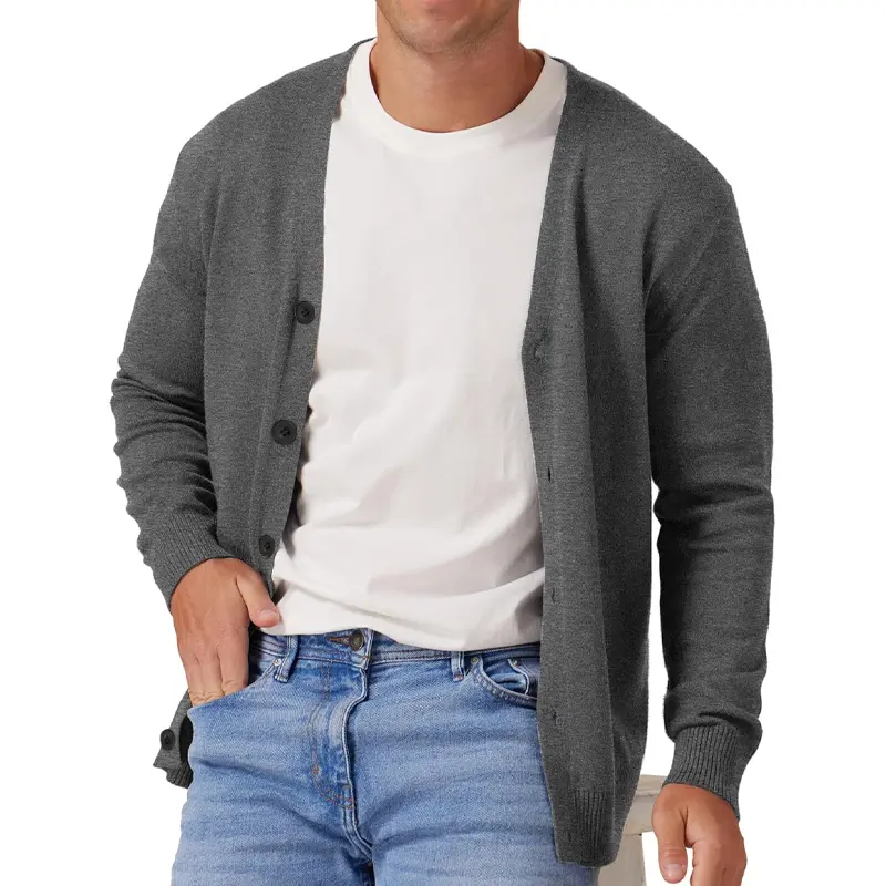 New Men's Vintage Long Sleeve Cardigan Sweater with Button V Neck Knitted Sweaters Lightweight Outdoor Casual Coats