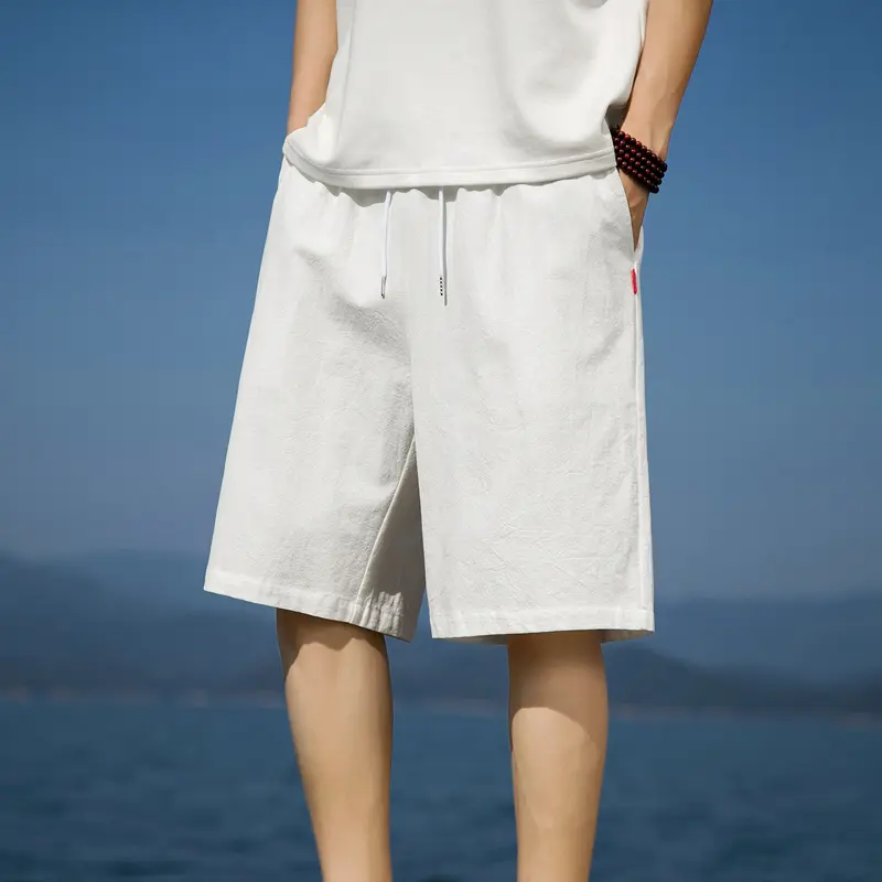 Summer Men's Beach Loose Shorts Men Cotton Linen Trousers Solid Color Basic Short Lightweight Gym Sport Pants