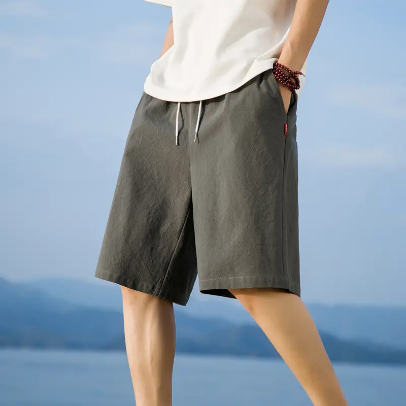 Summer Men's Beach Loose Shorts Men Cotton Linen Trousers Solid Color Basic Short Lightweight Gym Sport Pants