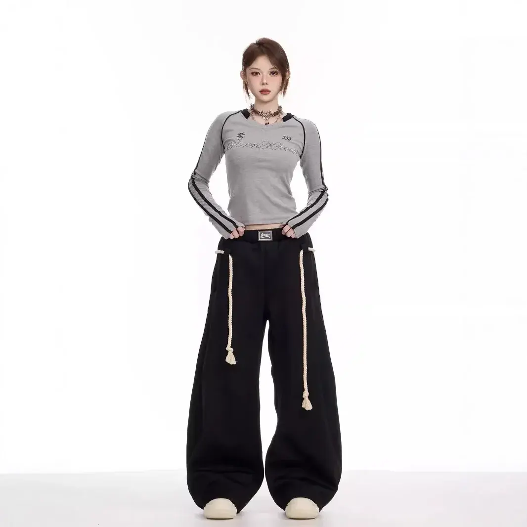 American Style Retro Wide Leg Sports Pants Women's Spring Autumn Loose Casual Sweatpants Floor-Length Trousers