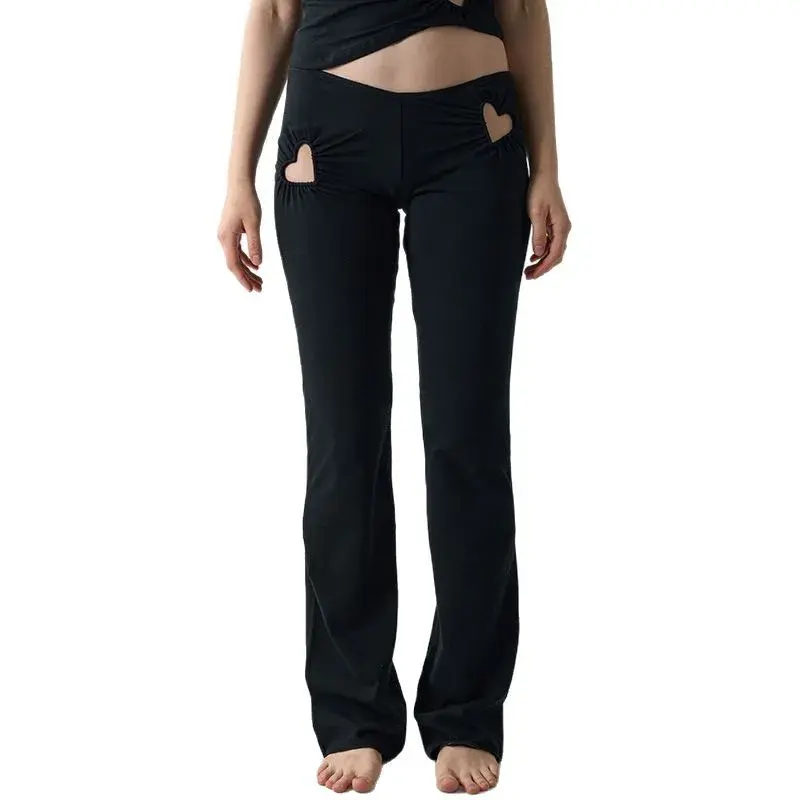 Low Waist Slim Fit Heart Pattern Hollow out Long Pants Cotton Jersey Flare Leggings Breathable Comfortable Women's Trousers