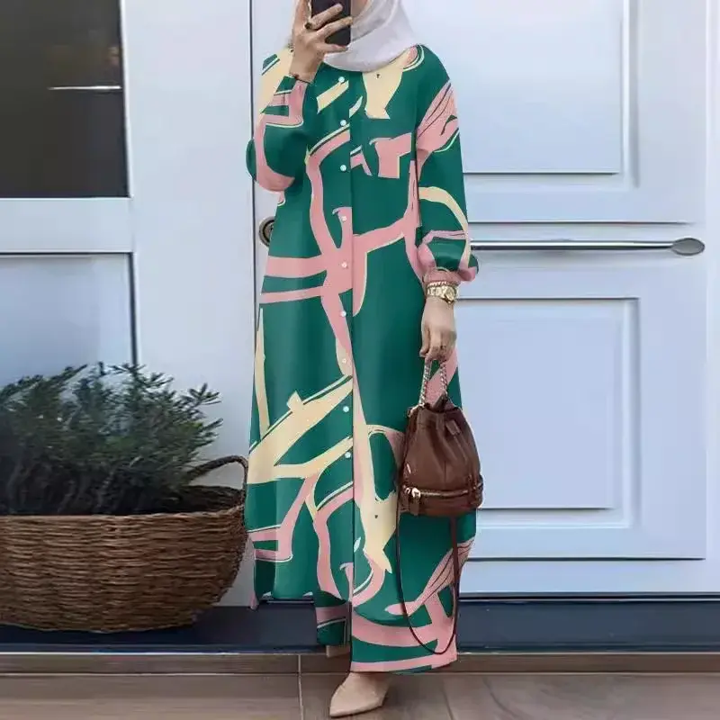 Fashionable Muslim Women's Floral Print Two-Piece Set Long Shirt Wide Leg Pants Spring Autumn Vintage Clothing Ensemble