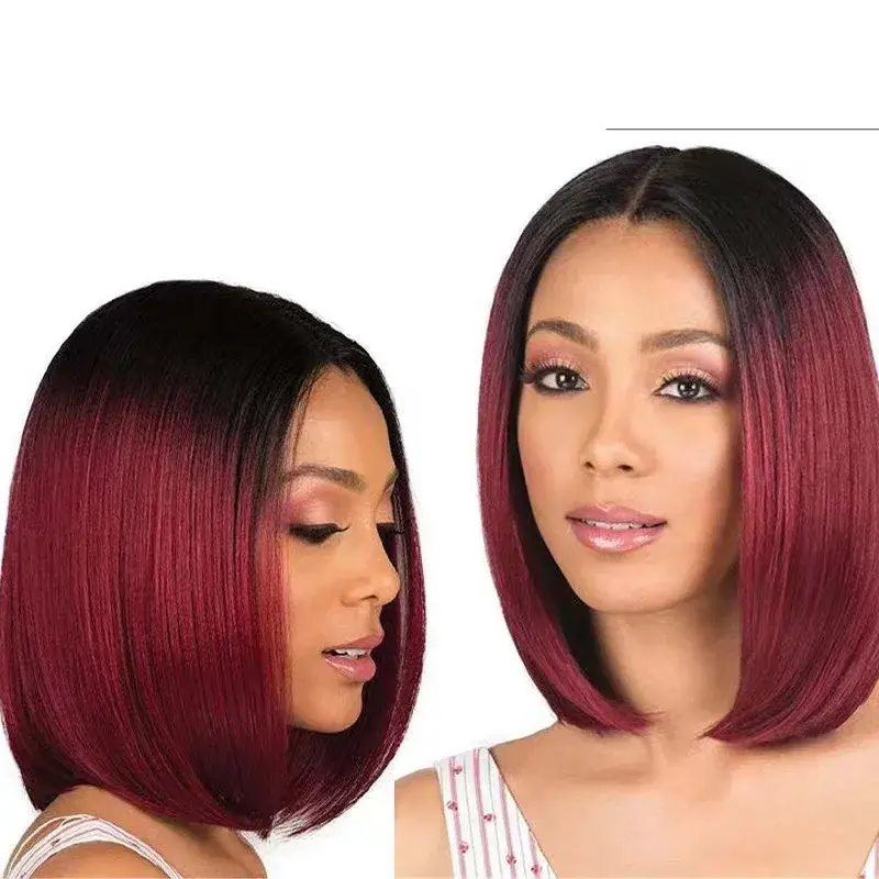 Women's Dyeing Short Straight Bobo Wig Black To Wine Red Gradient Color Ladies' Fashion Hairpiece Available In Stock
