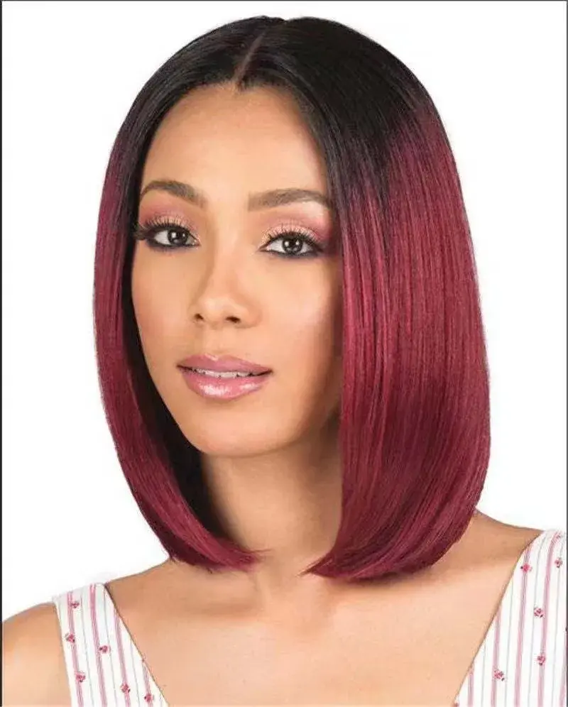 Women's Dyeing Short Straight Bobo Wig Black To Wine Red Gradient Color Ladies' Fashion Hairpiece Available In Stock