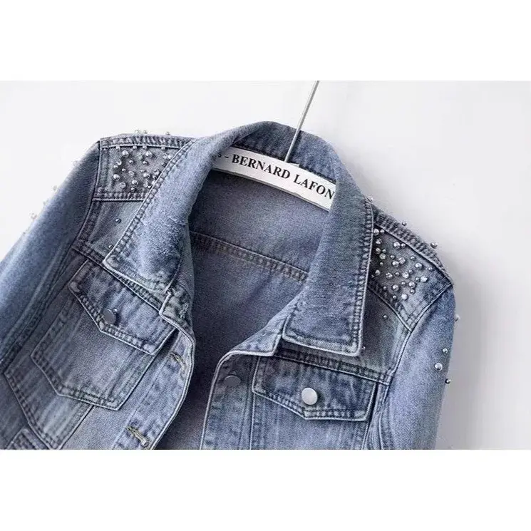 Heavy Embellished Denim Jacket Women Spring Autumn Loose Casual Short Style Fashion Retro Outerwear Female Clothing