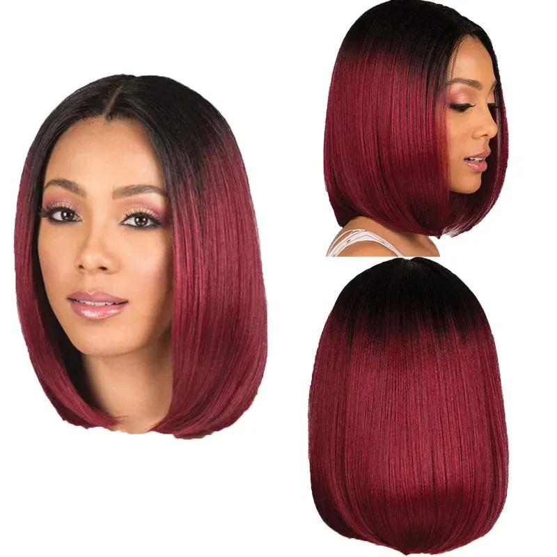 New Gradient Red Middle Part Bob Wig Full Head Cover Hair Extension Home Use Easy to Install Convenient And Durable