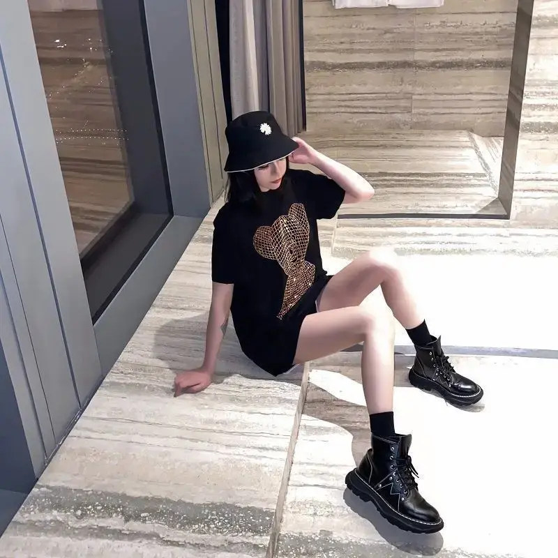 Medium-Length Rhinestone Bear Short Sleeve T-Shirt Women's Summer Korean Style Loose-Fit Half Sleeve Idle Style Top