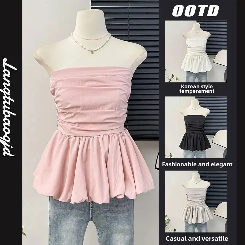 French Style One Shoulder Pleated Slimming Sexy Strapless Vest Women Summer Pure Desire Lace Hem Skirt Top Women's Fashion