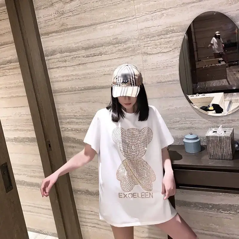 Medium-Length Rhinestone Bear Short Sleeve T-Shirt Women's Summer Korean Style Loose-Fit Half Sleeve Idle Style Top