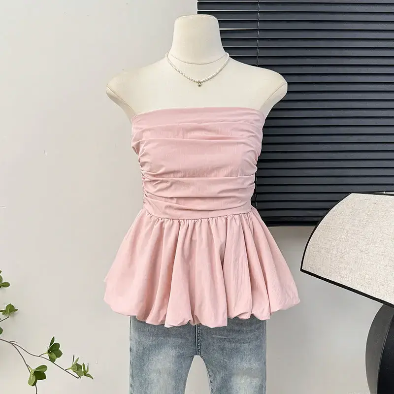 French Style One Shoulder Pleated Slimming Sexy Strapless Vest Women Summer Pure Desire Lace Hem Skirt Top Women's Fashion