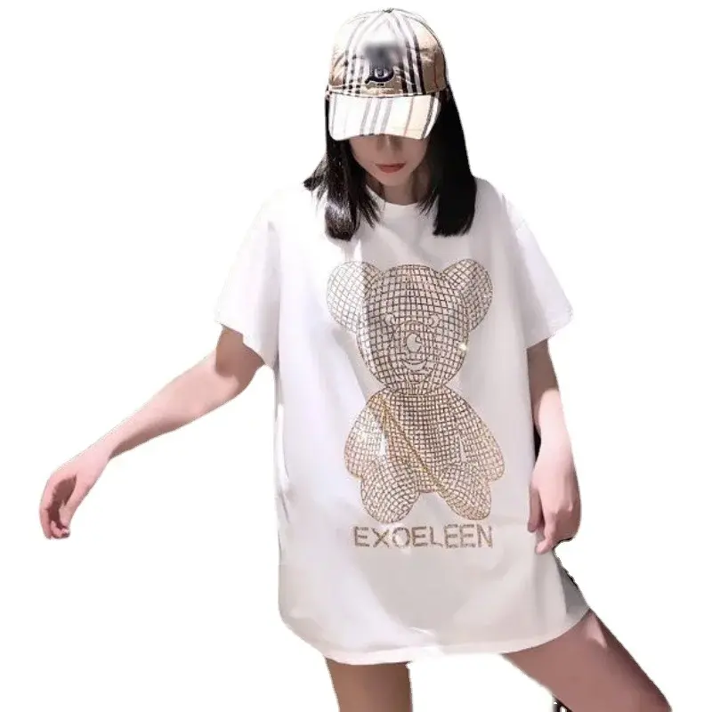 Medium-Length Rhinestone Bear Short Sleeve T-Shirt Women's Summer Korean Style Loose-Fit Half Sleeve Idle Style Top