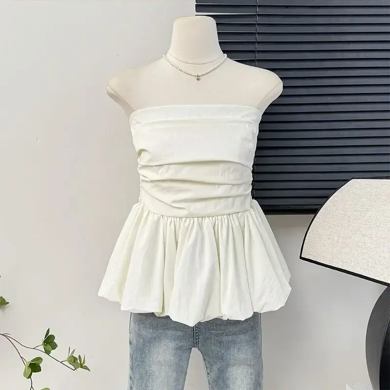 French Style One Shoulder Pleated Slimming Sexy Strapless Vest Women Summer Pure Desire Lace Hem Skirt Top Women's Fashion