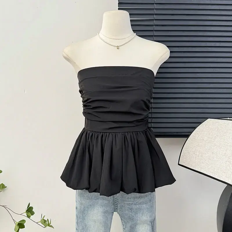 French Style One Shoulder Pleated Slimming Sexy Strapless Vest Women Summer Pure Desire Lace Hem Skirt Top Women's Fashion