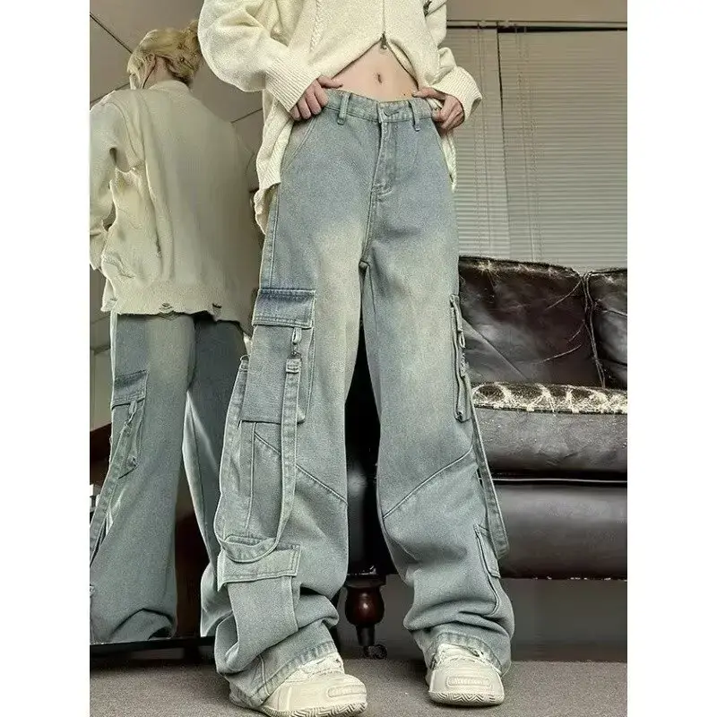 Vintage Loose-Fit American Style Women's Jeans With Multiple Pockets Back Strap Bell Bottoms Casual Workwear For Autumn Winter