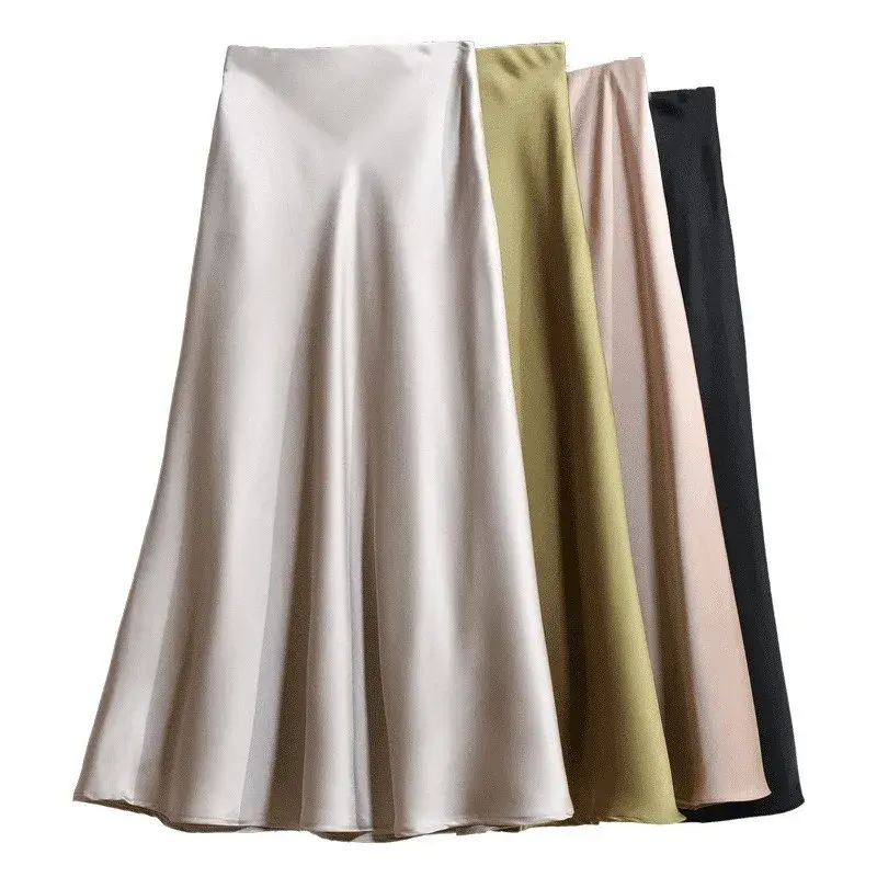 Smooth Acetate Satin Half Skirt High Waist Midi Fish Tail for Women Korean Style Champagne Color Spring Autumn New Model