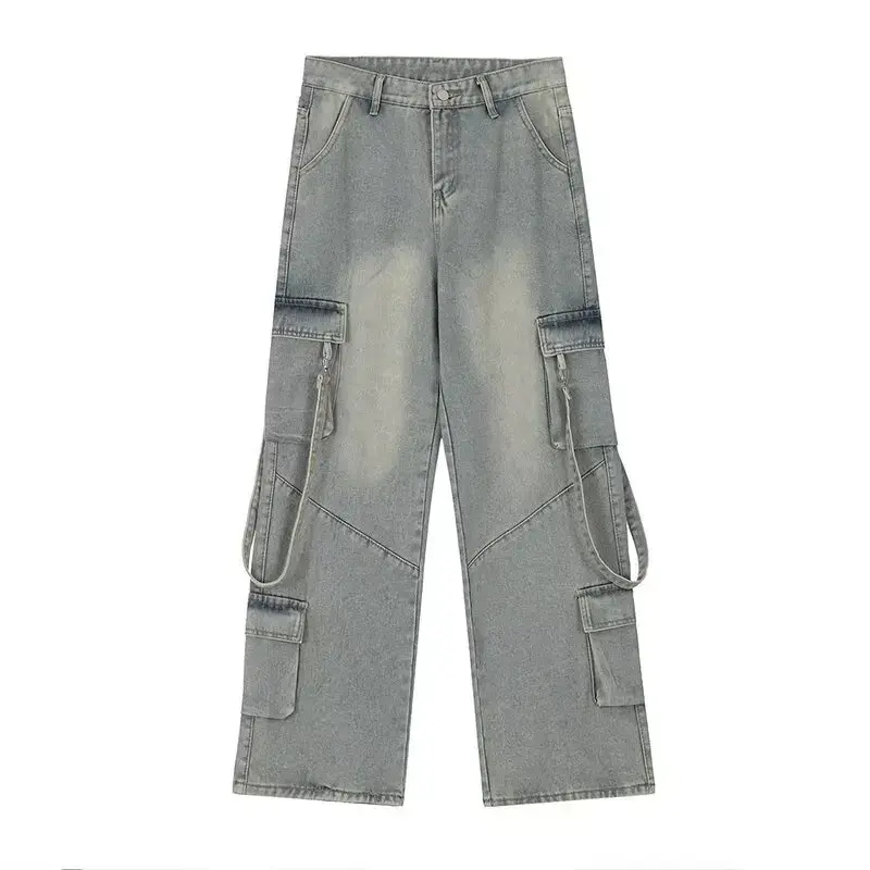 Vintage Loose-Fit American Style Women's Jeans With Multiple Pockets Back Strap Bell Bottoms Casual Workwear For Autumn Winter
