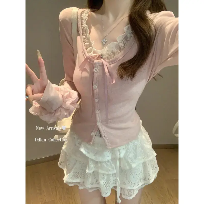 Early Spring Pink Lace Splice Long Sleeve T-Shirt Women's New Style Pure Desire Inner Wear Base Shirt BM Top Polyester Fiber