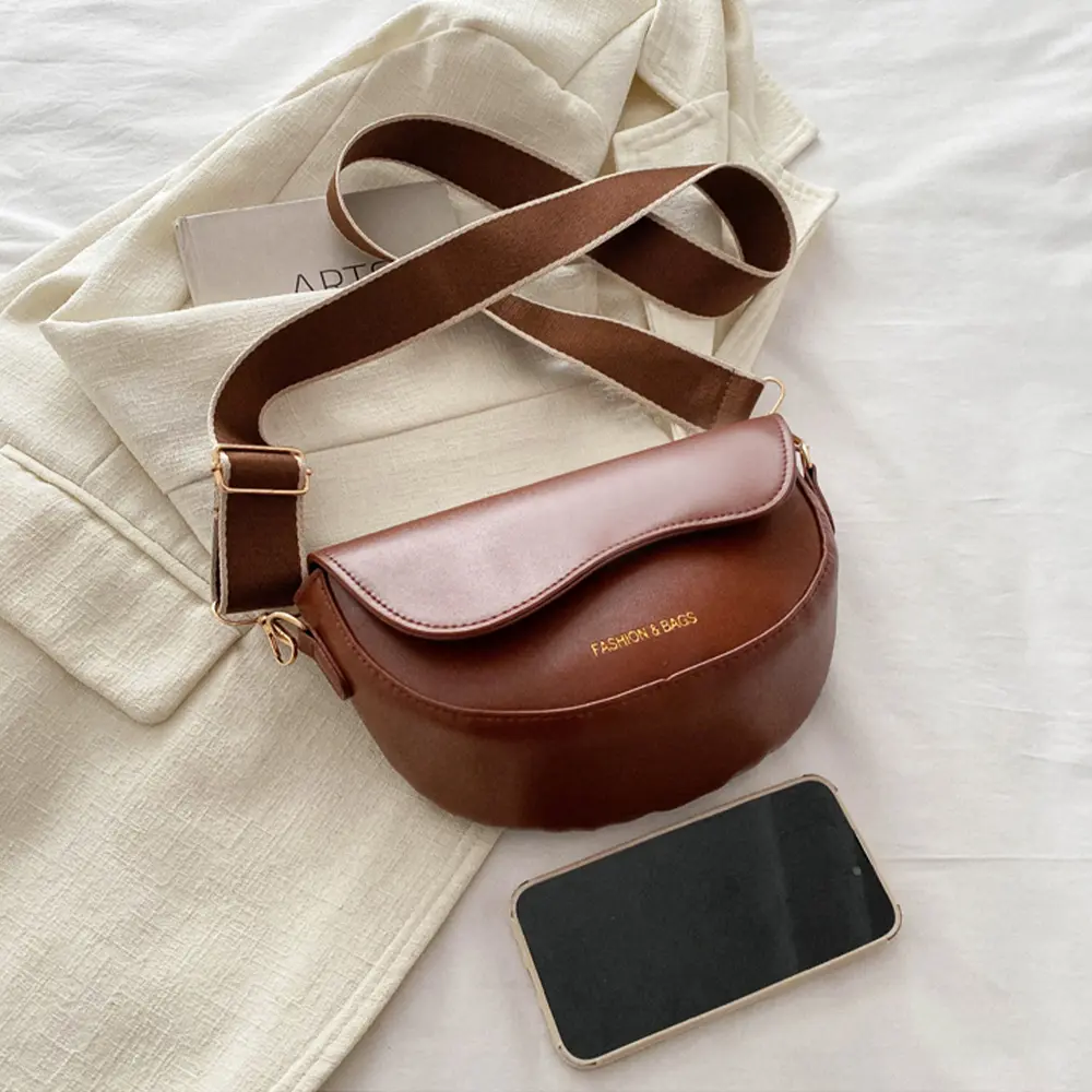 Women Vintage Solid Color Flap Small Saddle Shoulder Underarm Bag Fashion PU Leather Wide Strap Crossbody Bag， A-DH