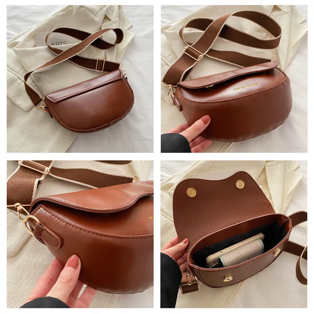 Women Vintage Solid Color Flap Small Saddle Shoulder Underarm Bag Fashion PU Leather Wide Strap Crossbody Bag， A-DH