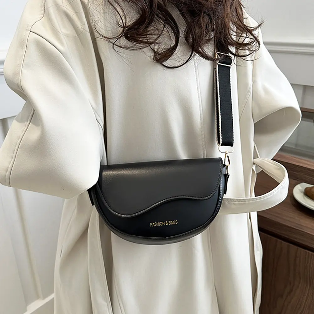 Women Vintage Solid Color Flap Small Saddle Shoulder Underarm Bag Fashion PU Leather Wide Strap Crossbody Bag， A-DH