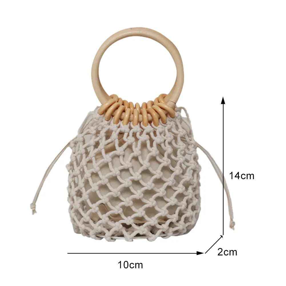 2022 Casual Retro Woven Handbag Wooden Handle with Inner Cloth Drawstring Bucket Bag Vacation Beach Style Wrist Pack for Ladies
