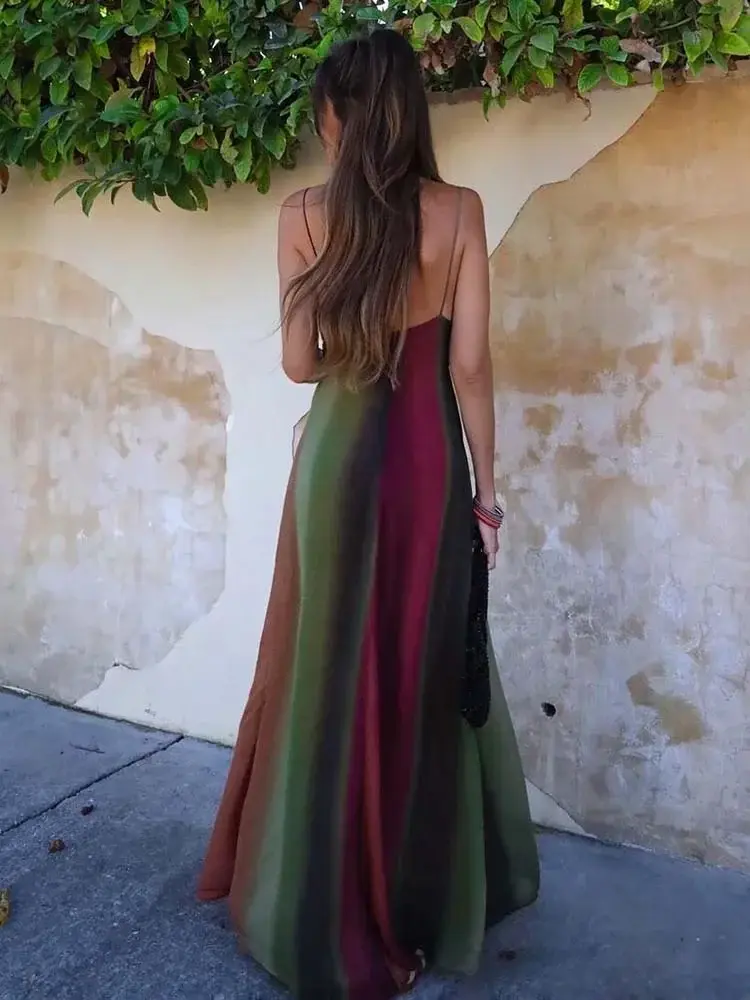 Dress for Women Sexy Y2k Print Pleat Halter Bandage Maxi Sleeveless Backless Long Dresses Summer Female Vacation Party Vestidos