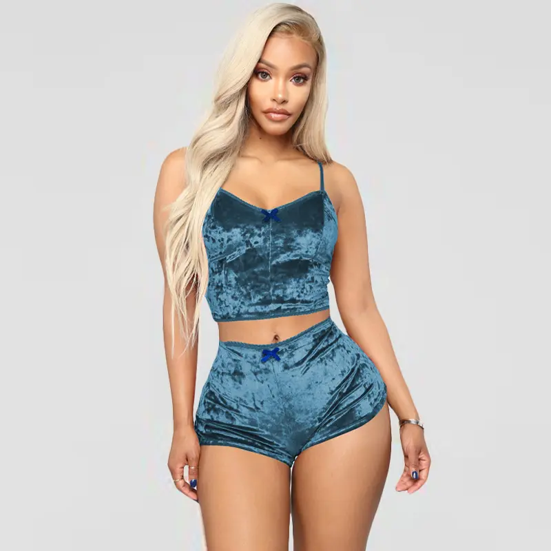 Sexy Velvet Pajamas V-Neck Lingerie Two Sets Women Suspenders Short Pants Loungewear
