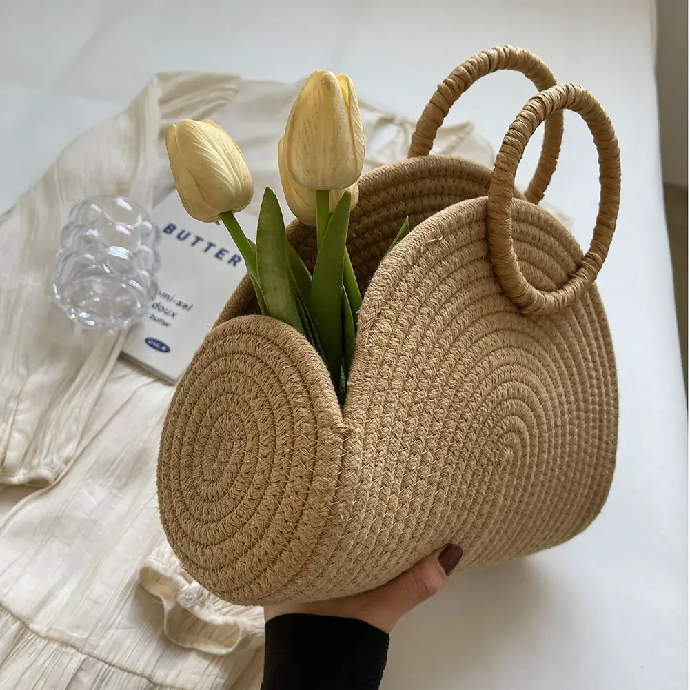 Handwoven Shoulder Purse Chic Cotton Rope Holiday Travel Handbag Retro Rattan Bag Vacation Bag for Women and Girls