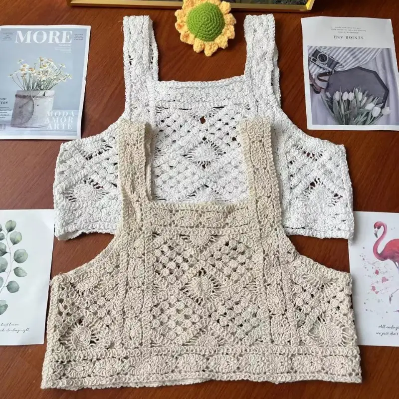 Women Vintage Crochet Camisole Bohemian Hollow Out Geometry Floral Knitted Vest Slim Sleeveless Crop Top Beachwear