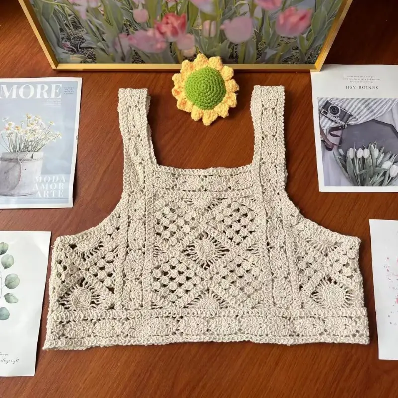 Women Vintage Crochet Camisole Bohemian Hollow Out Geometry Floral Knitted Vest Slim Sleeveless Crop Top Beachwear