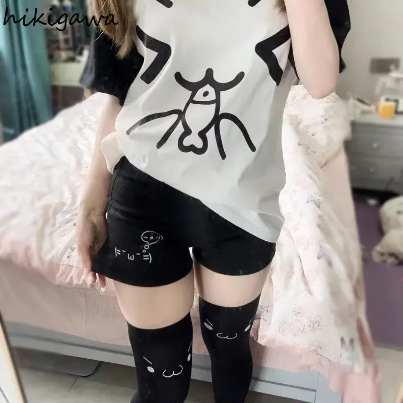 Cotton Shorts for Women Black Summer Pantalones Cortos De Mujer Print Japanese Fashion Casual Cute Pants 2025 New Bottoms 27x232