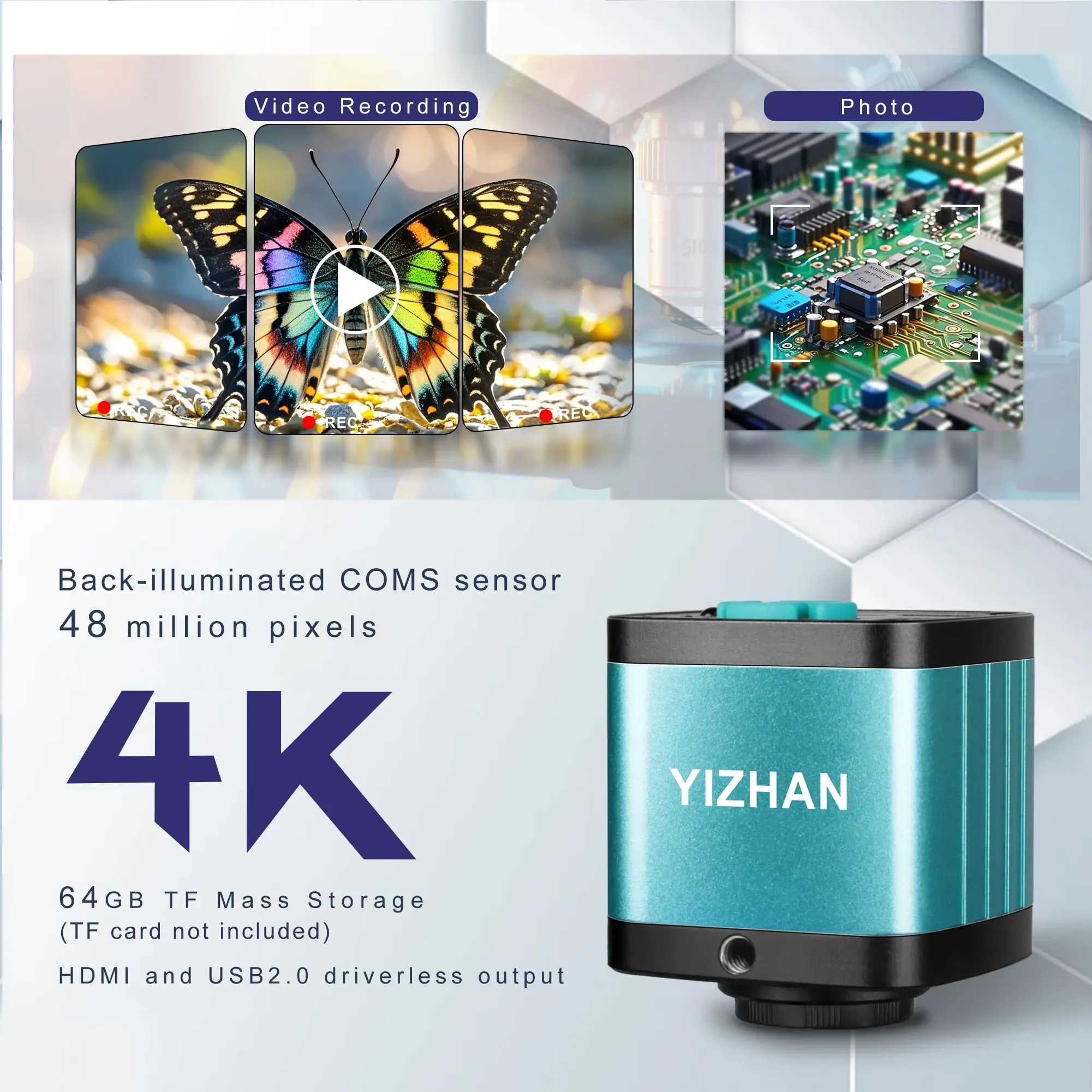 4K 60MP Digital Microscope,48MP/13M 1080P HDMI Type-C/USB Industrial Video Microscope Camera,150X Zoom C-Mount Lens,Repair PCB