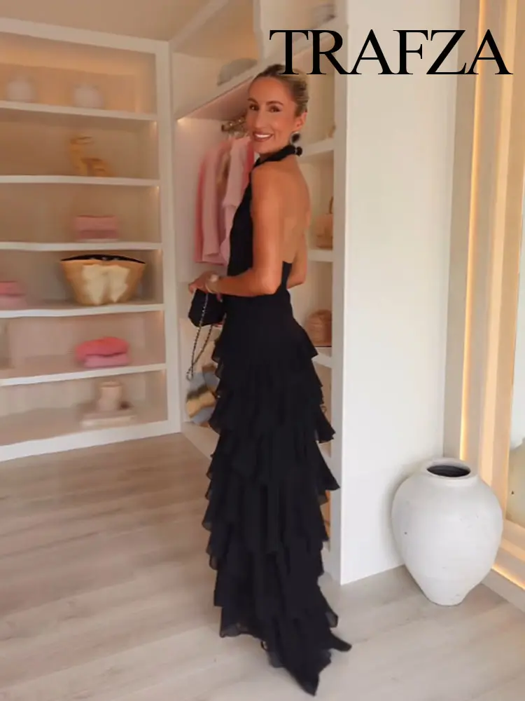 TRAFZA Woman Chic Side Laminated Decoration Hanging Neck Collar Black Zipper Dress Summer Women Sleeveless Backless Midi Dress