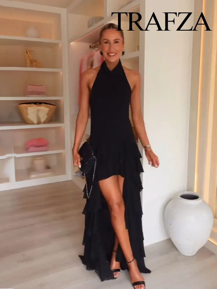 TRAFZA Woman Chic Side Laminated Decoration Hanging Neck Collar Black Zipper Dress Summer Women Sleeveless Backless Midi Dress
