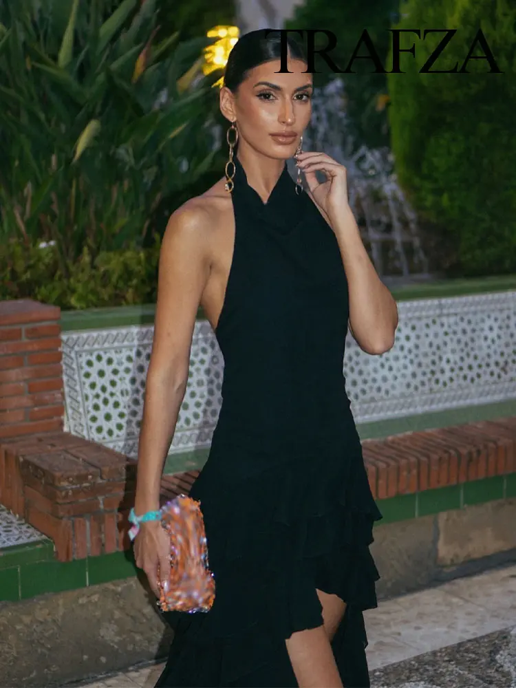 TRAFZA Woman Chic Side Laminated Decoration Hanging Neck Collar Black Zipper Dress Summer Women Sleeveless Backless Midi Dress