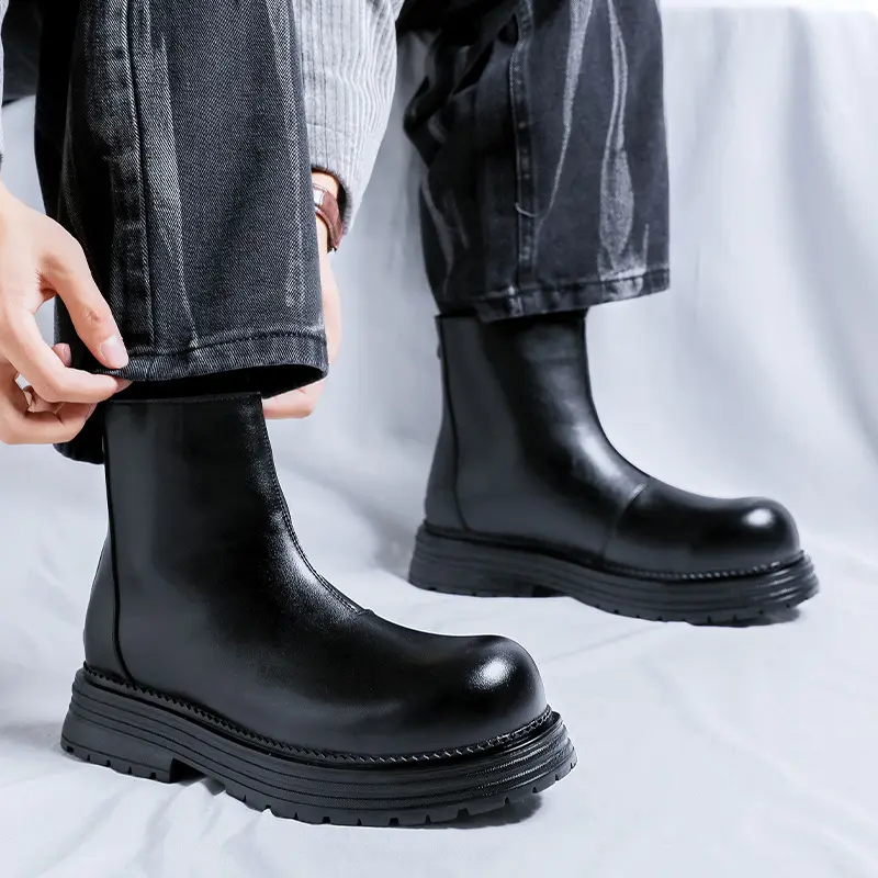 British style men casual party nightclub high chelsea boots natural leather shoes cowboy platform boot big toe motorcycle botas