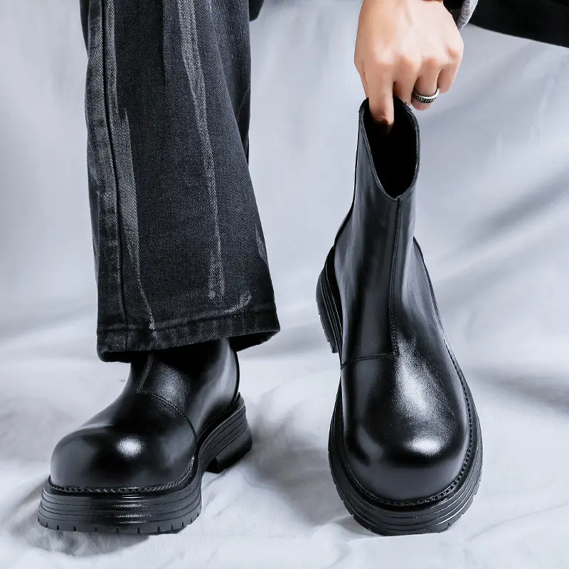 British style men casual party nightclub high chelsea boots natural leather shoes cowboy platform boot big toe motorcycle botas