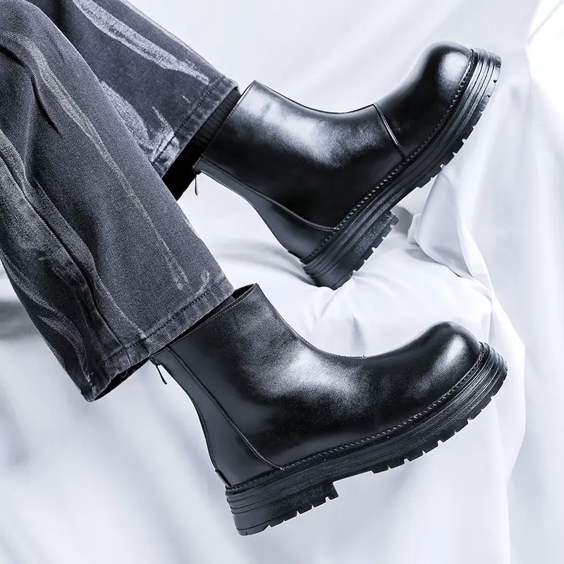British style men casual party nightclub high chelsea boots natural leather shoes cowboy platform boot big toe motorcycle botas