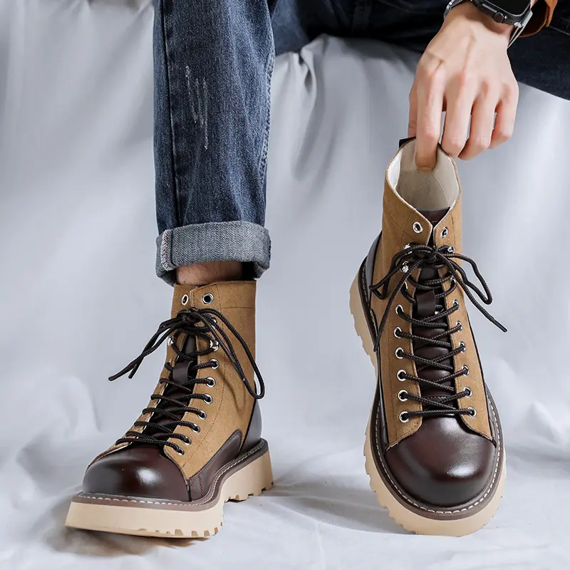 British style men fashion original leather boots brown platform shoes cowboy tooling work boot outdoors desert ankle botas mans